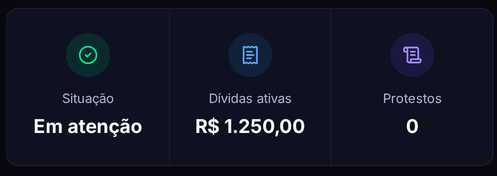 Exemplo de indicadores da consulta: situação cadastral, pendências e protestos